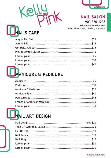 Free Nail Salon Price List Template