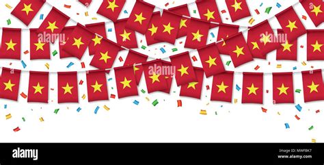 Vietnam Flags Garland White Background With Confetti Hang Bunting For