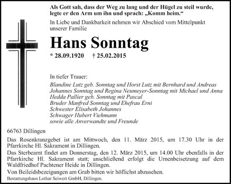 Traueranzeigen Von Hans Sonntag Saarbruecker Zeitung Trauer De