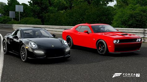 Forza 7 Drag Race Porsche 911 Turbo S Vs Dodge Challenger Srt Hellcat Youtube