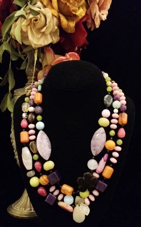 Colorful 3 Strand Multi Color Semi Precious Stone Necklace Etsy Semi Precious Stone