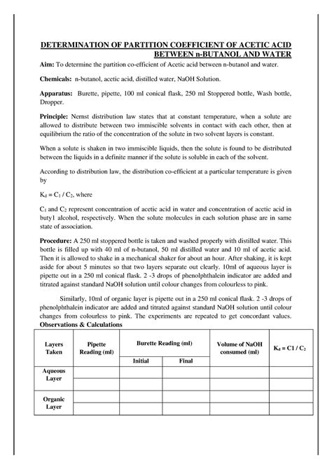 Determination Of Partition Coefficient Of Acetic Acid Between N