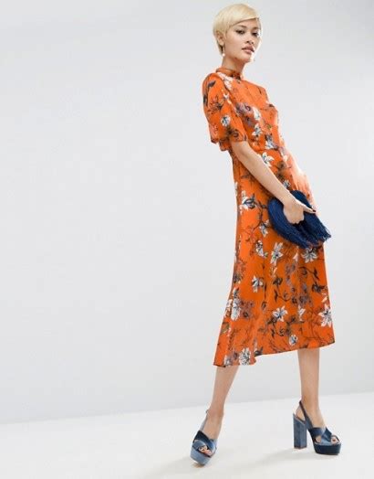 Asos Kimono Sleeve Midi Dress In Brownstone Floral ~ Flower Printed Dresses