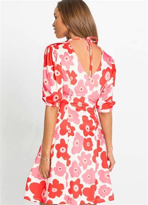 Bonprix Vestido Mangas Bufantes Floral Rosa E Vemelho Vestidos