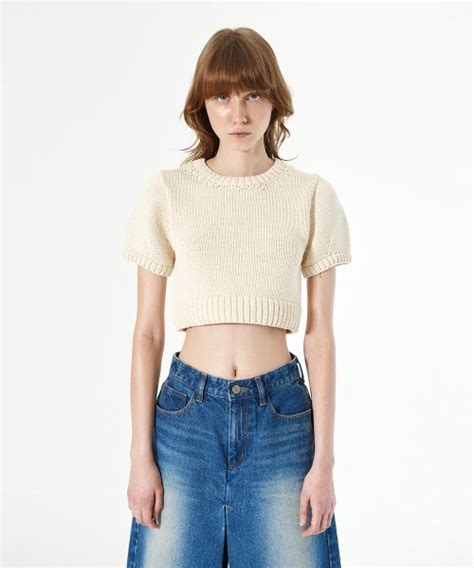 MUSINSA DIAGONAL SHORT SLEEVE HAND KNITTING TOP Ivory