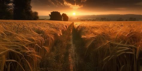 Premium Photo | Barley field in sunset