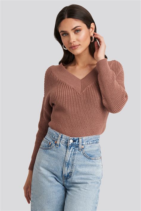 V Neck Wide Rib Knitted Sweater Pink Na Kd