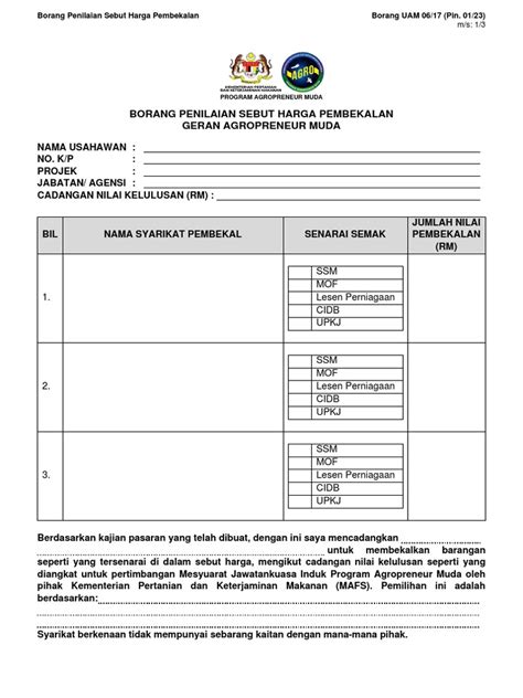 Lampiran 7 Borang Penilaian Sebut Harga Pembekalan Geran Agropreneur