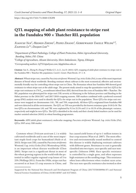 Pdf Qtl Mapping Of Adult Plant Resistance To Stripe Rust In The Fundulea 900 × Thatcher Ril