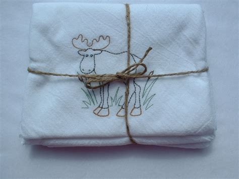 Old Fashioned Flour Sack Towels With Moose Embroidery