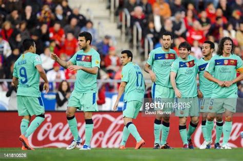 Fc Barcelona Players Celebrate Scoring The Opening Goal During The La