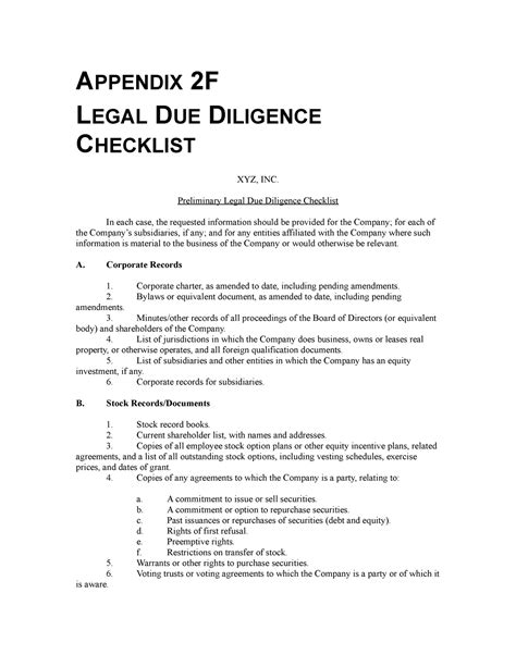 Legal Checklist Merger Appendix 2f Legal Due Diligence Checklist Xyz Inc Preliminary Legal