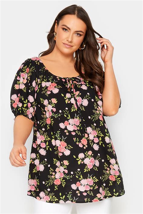 Yours Plus Size Black Floral Tie Front Gypsy Top Yours Clothing