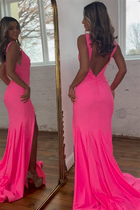 Queendancer Women Sparkly Hot Pink Beaded Long Formal Dress With Slit V