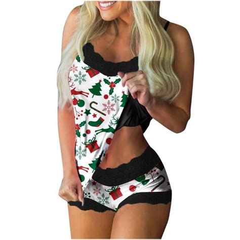 OU lingerie femme Noël Sexy Mode Imprimé Pyjamas Sans Manches Dentelle Cami Shorts Pyjama
