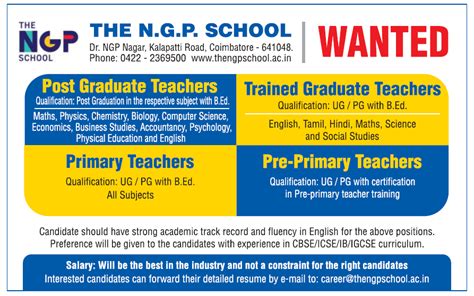 The N G P School Coimbatore Wanted PGT TGT PRT Pre Primary Teachers