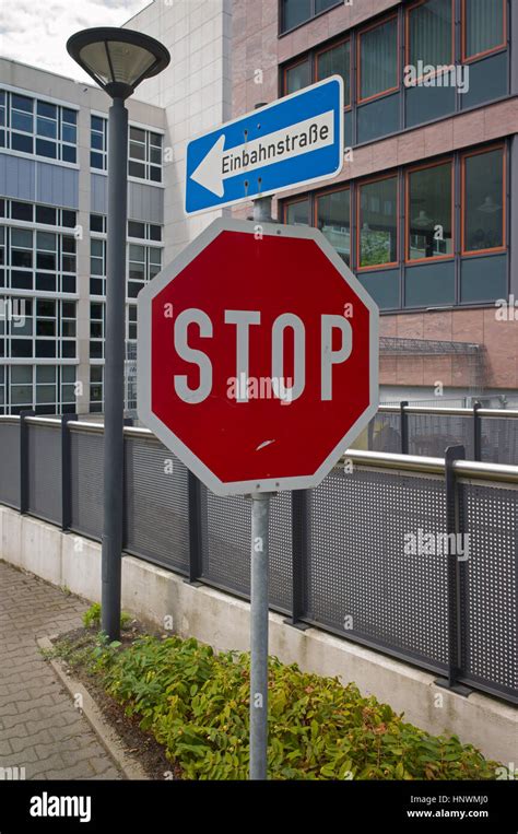 One-way and stop traffic signs, Niederrad, Frankfurt am Main, Germany ...