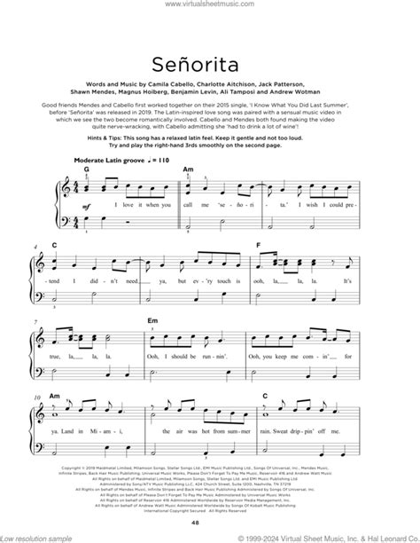 Shawn Mendes And Camila Cabello Senorita Sheet Music Beginner Version 2 For Piano Solo