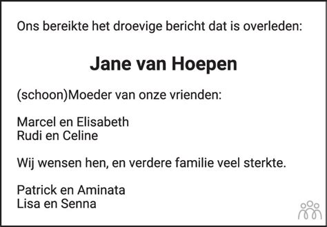 Jane Adriana Van Hoepen Westerbeke 08 04 2024 Overlijdensbericht En