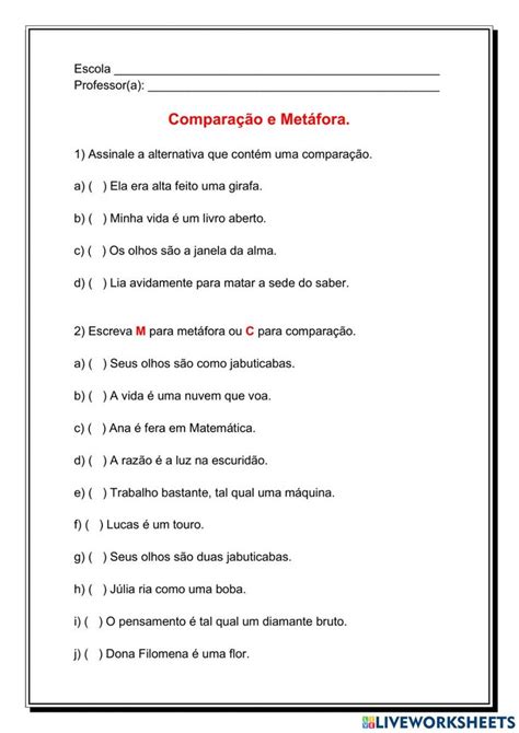 Exercício Sobre Metáfora E Comparação - Comparação e Metáfora worksheet