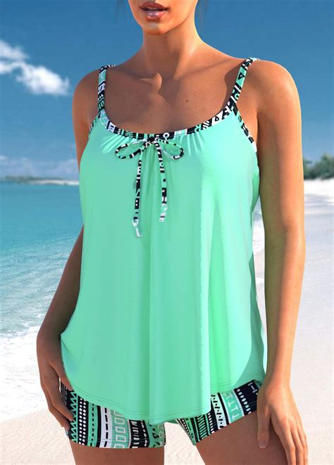 Tie Mid Waisted Geometric Print Tankini Set Usd 37 98