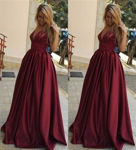 Burgundy Satin V Neck Long Evening Gowns For Wedding Party In 2021