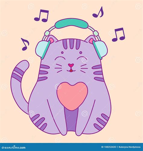 Cute Little Cat Listening To The Music Stock Illustration