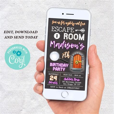 Escape Room Birthday Theme Invitation Editable Customized Download Printable Invite Custom