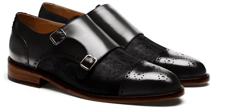 Monk Brogue Shoes Black Flora Leather Velvet