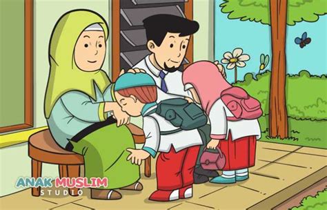 Gambar Orang Tua Dan Anak Kartun Muslim Seorang Gadis Memperbaiki Kacamatanya Sambil Memegang