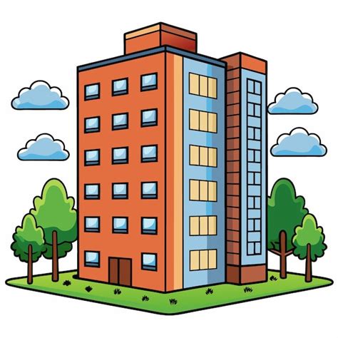 A Clipart Image Of A Colorful Building With Blue Windows And A Red Roof