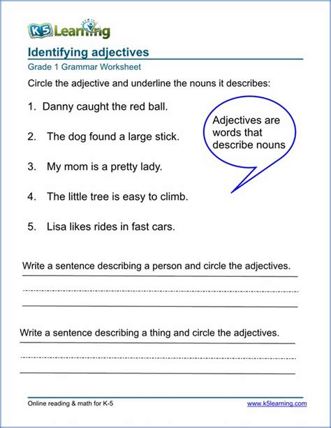 Adjective Worksheets For Elementary School Printable And Free K5 Learning Adjective