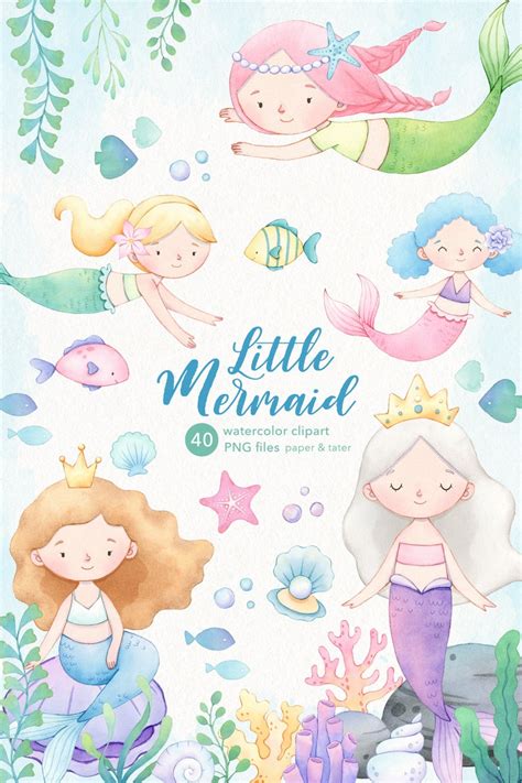 Watercolor Mermaid Clipart Cute Mermaids Png Etsy