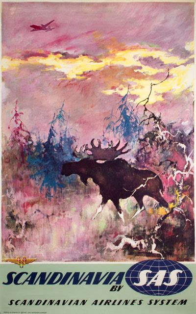 Original Vintage Poster Sas Scandinavia Elk Moose Designed By