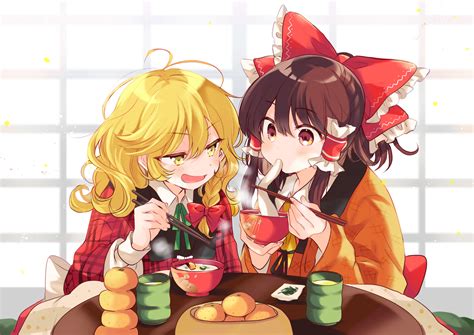 Girls Blonde Hair Blush Bow Braids Brown Hair Drink Food Fruit Hakurei Reimu Japanese Clothes