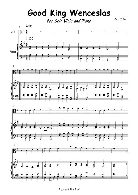 Good King Wenceslas For Viola And Piano Arr Tim Curd Sheet Music