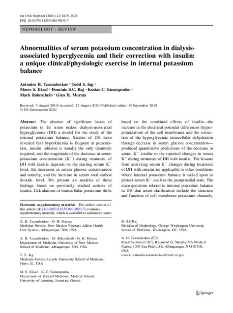 Pdf Abnormalities Of Serum Potassium Concentration In Dialysis Associated Hyperglycemia And