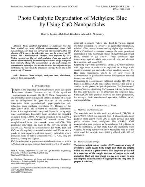 Pdf Photo Catalytic Degradation Of Methylene Blue By Using Cuo