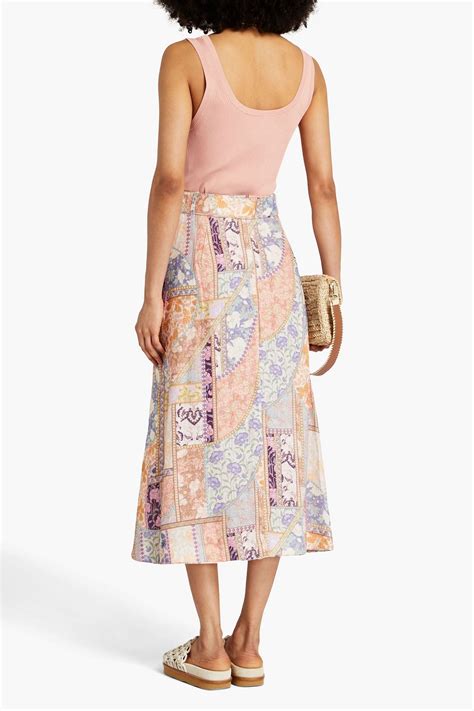 Zimmermann Belted Printed Linen Midi Skirt The Outnet