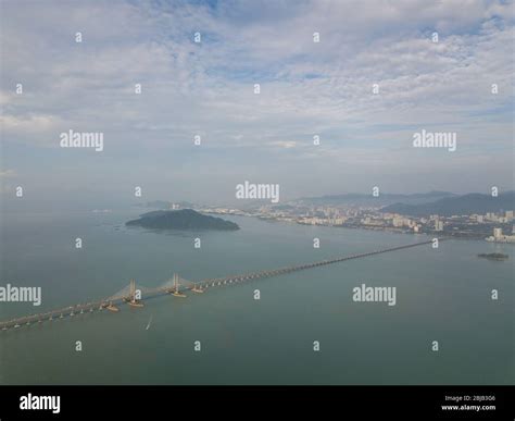 Aerial View Penang First Bridge Background Is Pulau Jerejak And Penang