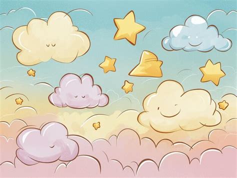 Un Dibujo De Dibujos Animados De Nubes Y Nubes Con Una Cara Feliz