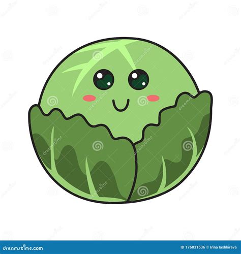 Cabbage Cute Anime Humanized Smiling Cartoon Vegetable Food Character Emoji Vector Illustration