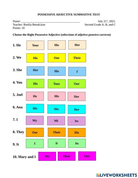 Possessive Adjective Test Worksheet