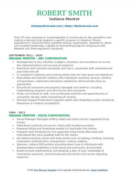 Indiana Mentor Resume Samples QwikResume