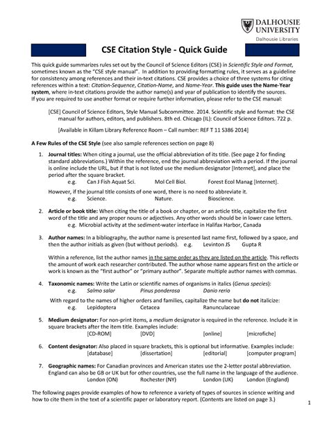 CSE Citation Guide CSE Citation Style Quick Guide This Quick Guide