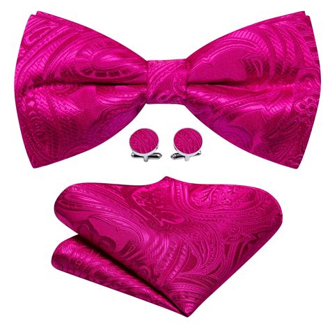 Barry Wang Mens Rose Red Paisley Pre Tied Bow Tie Hanky Cufflinks Set