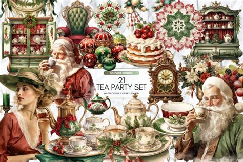 Watercolor Christmas Tea Party Clipart Set Of 21 Png Bundle