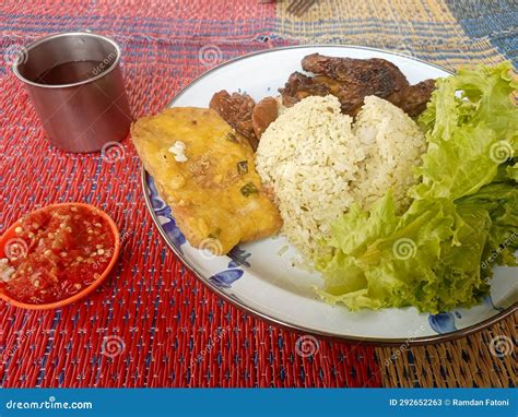 Grilled Chicken Rice Indonesian Food Contains Lime Leaf Rice And Fresh Vegetables With Very