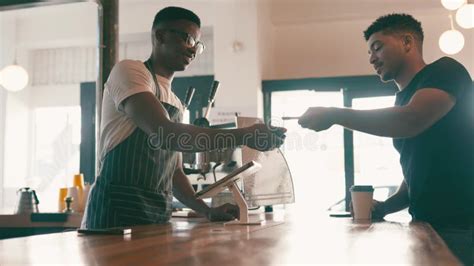 Barista Customer And Credit Card At Coffee Shop Pos Fintech Payment