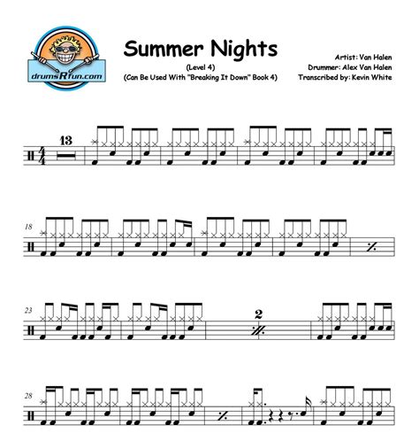 Van Halen Summer Nights Drum Transcription Level 4